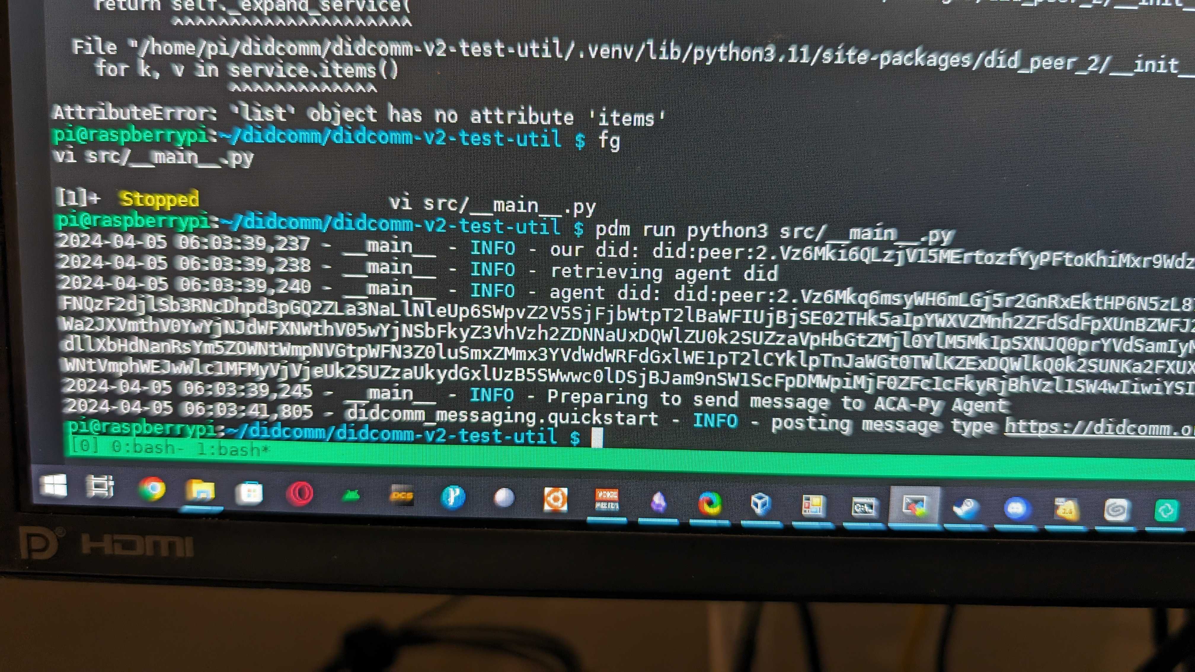 Picture of a remote terminal connected to a raspberry pi with text indicating that it has sent a message to another DIDComm agent